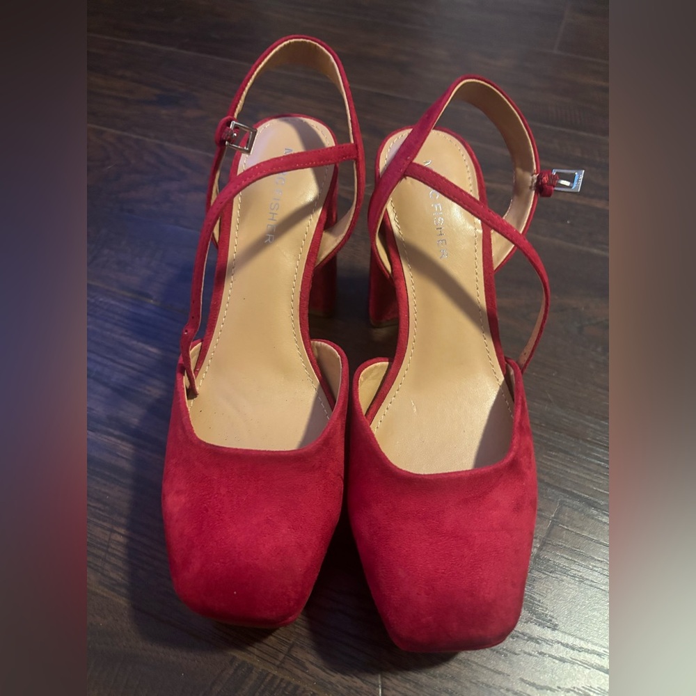 Marc Fisher Crimson Suede Crisscross Block Heel Sandals